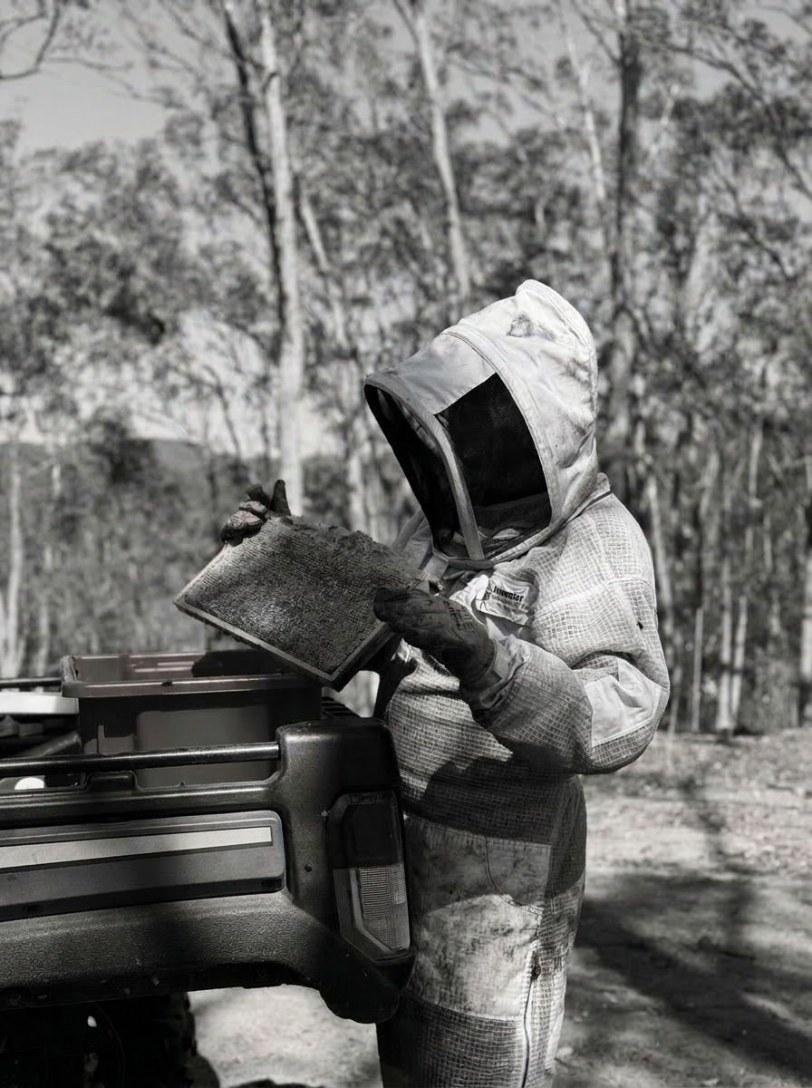 Beekeeper inspecting a frame of capped honeycomb beside a quad bike in the bush