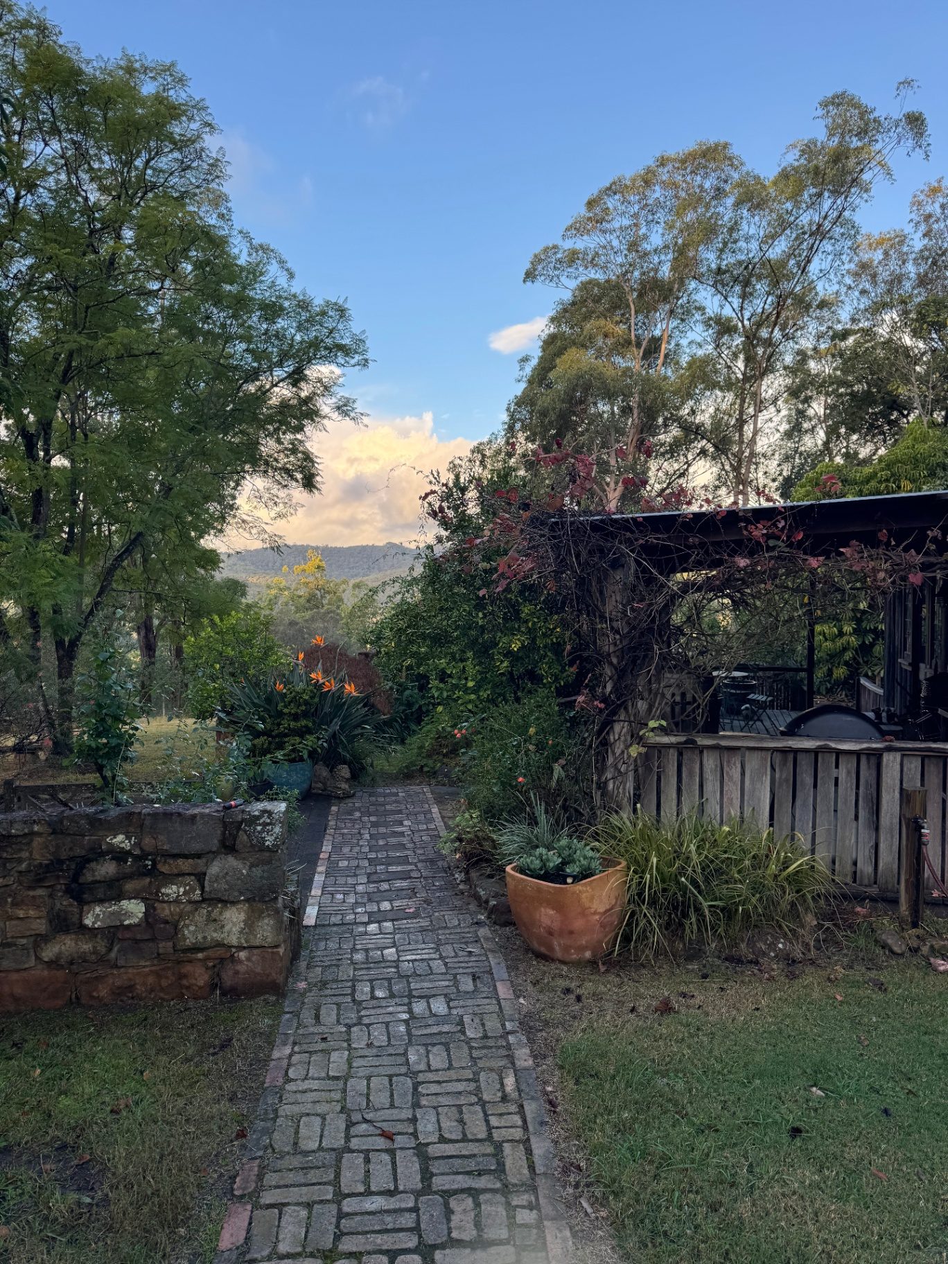 The brick path leading up to the farmhouse, garden in bloom