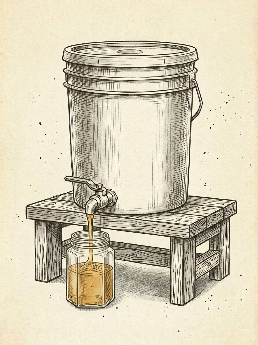 Pouring raw honey into glass jars on the farm
