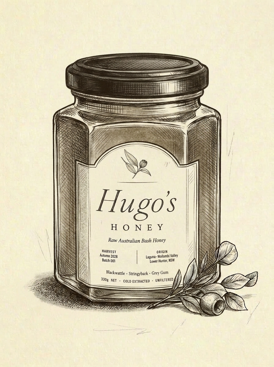 Finished jar of Hugo's Honey raw bush honey